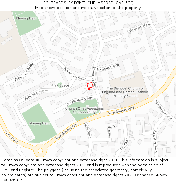 13, BEARDSLEY DRIVE, CHELMSFORD, CM1 6GQ: Location map and indicative extent of plot