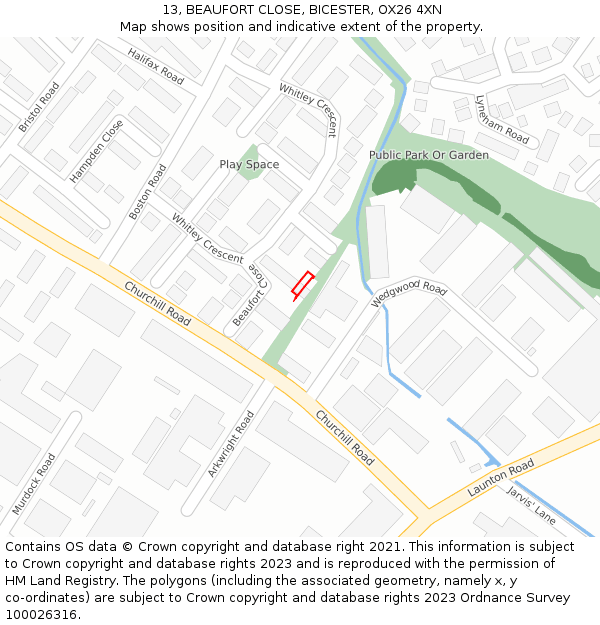 13, BEAUFORT CLOSE, BICESTER, OX26 4XN: Location map and indicative extent of plot