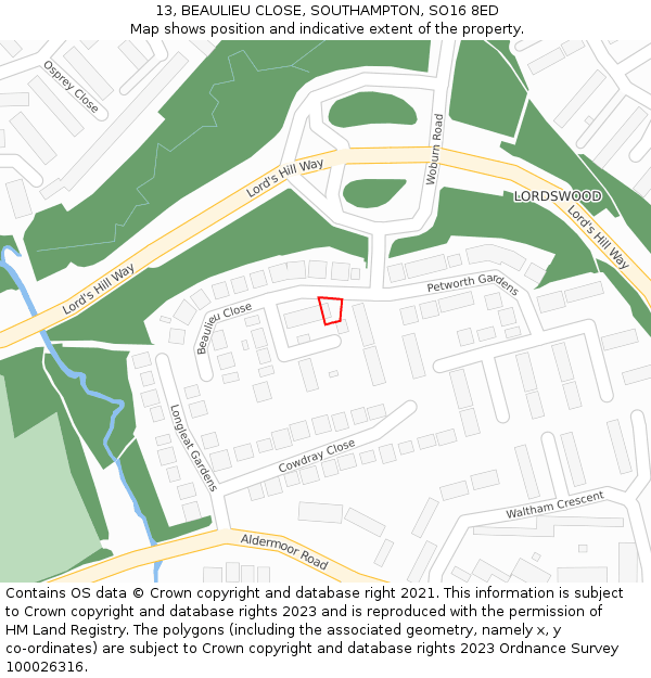 13, BEAULIEU CLOSE, SOUTHAMPTON, SO16 8ED: Location map and indicative extent of plot
