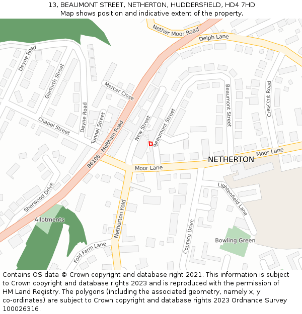 13, BEAUMONT STREET, NETHERTON, HUDDERSFIELD, HD4 7HD: Location map and indicative extent of plot