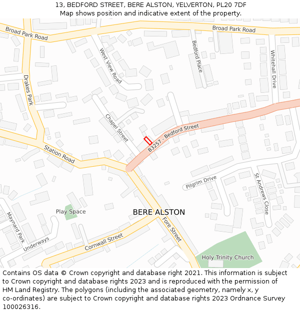 13, BEDFORD STREET, BERE ALSTON, YELVERTON, PL20 7DF: Location map and indicative extent of plot