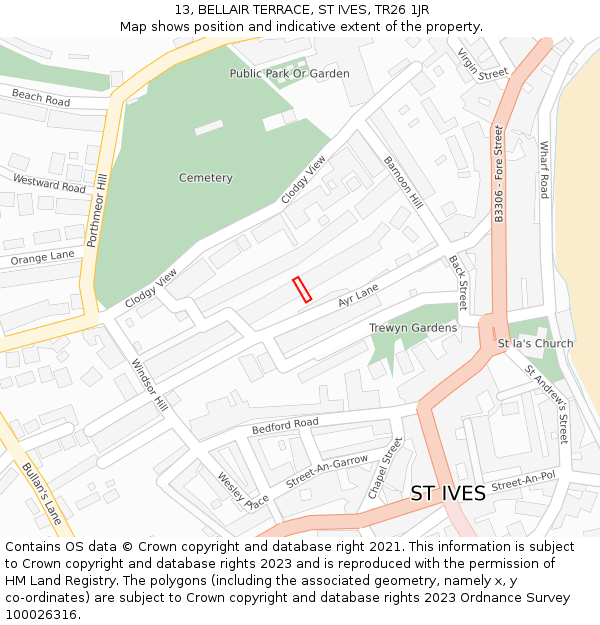 13, BELLAIR TERRACE, ST IVES, TR26 1JR: Location map and indicative extent of plot