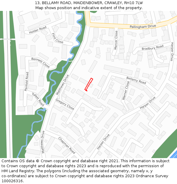 13, BELLAMY ROAD, MAIDENBOWER, CRAWLEY, RH10 7LW: Location map and indicative extent of plot