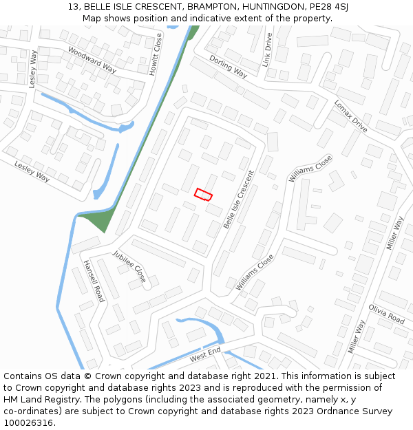 13, BELLE ISLE CRESCENT, BRAMPTON, HUNTINGDON, PE28 4SJ: Location map and indicative extent of plot
