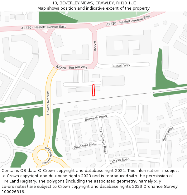 13, BEVERLEY MEWS, CRAWLEY, RH10 1UE: Location map and indicative extent of plot