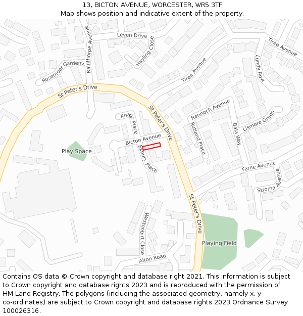 13, BICTON AVENUE, WORCESTER, WR5 3TF: Location map and indicative extent of plot