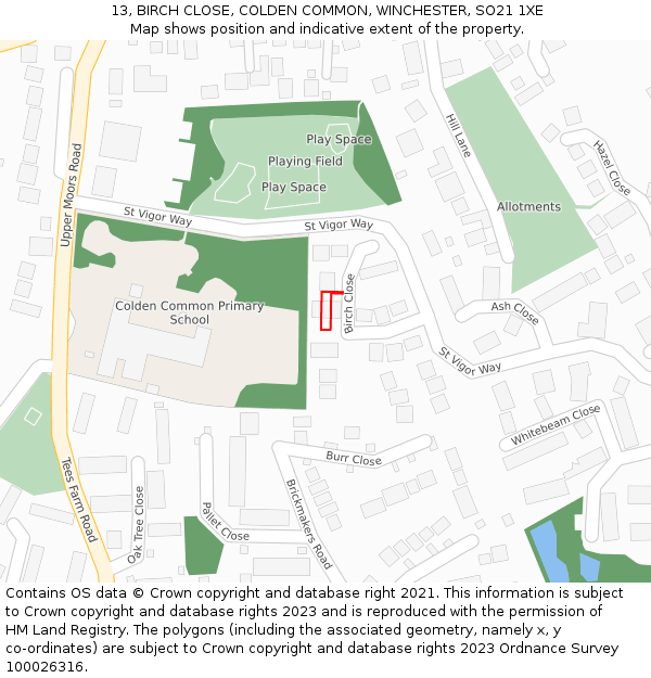 13, BIRCH CLOSE, COLDEN COMMON, WINCHESTER, SO21 1XE: Location map and indicative extent of plot
