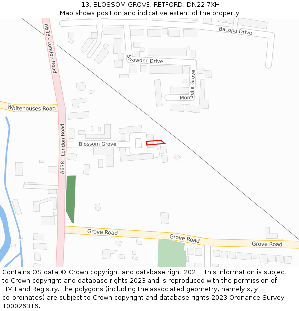 13, BLOSSOM GROVE, RETFORD, DN22 7XH: Location map and indicative extent of plot