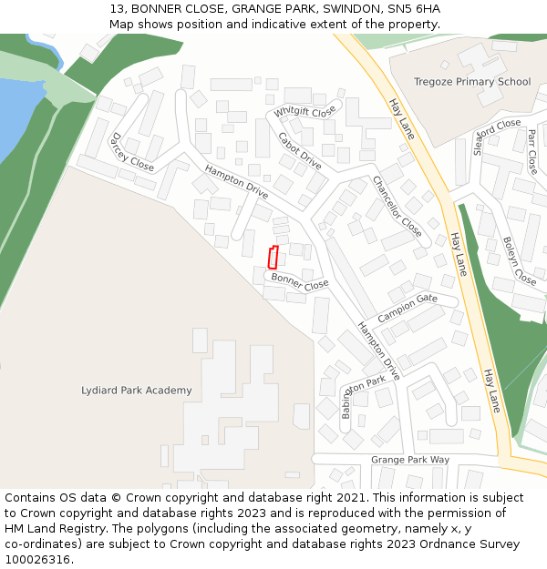 13, BONNER CLOSE, GRANGE PARK, SWINDON, SN5 6HA: Location map and indicative extent of plot