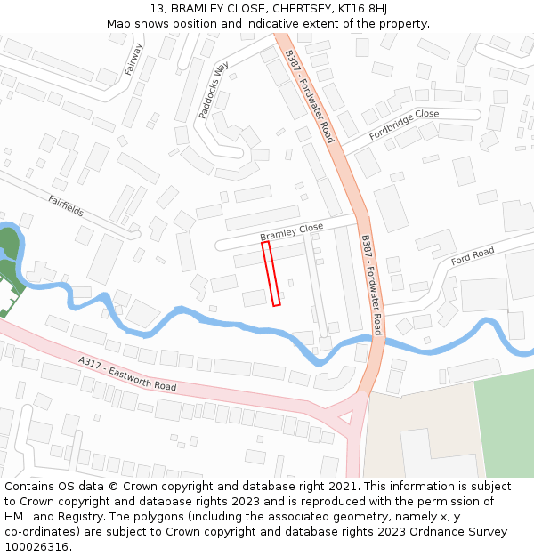13, BRAMLEY CLOSE, CHERTSEY, KT16 8HJ: Location map and indicative extent of plot