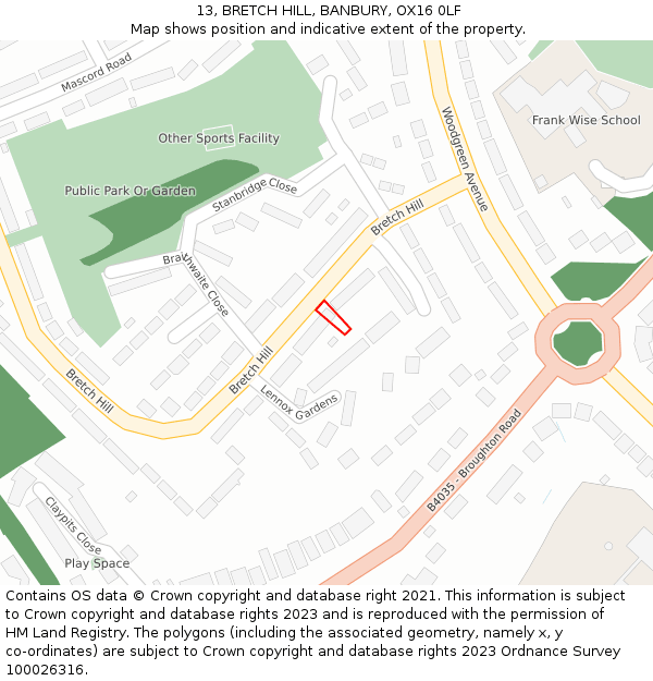 13, BRETCH HILL, BANBURY, OX16 0LF: Location map and indicative extent of plot