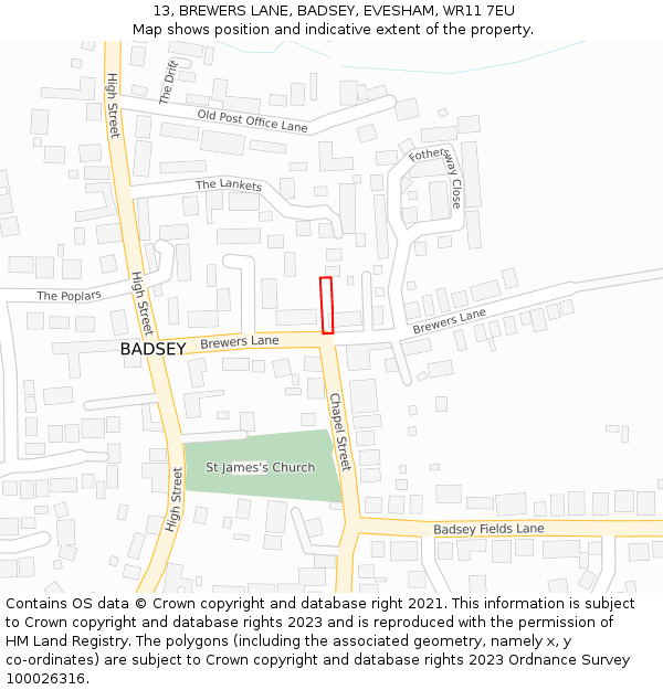 13, BREWERS LANE, BADSEY, EVESHAM, WR11 7EU: Location map and indicative extent of plot