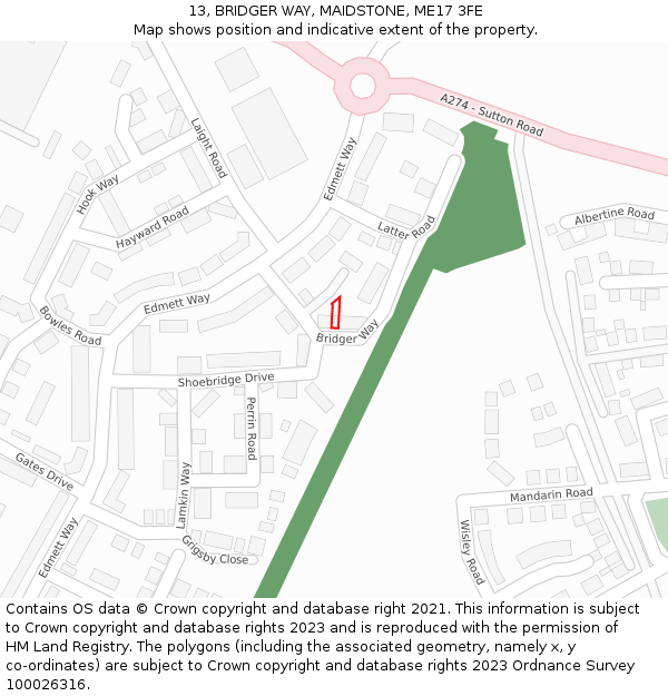 13, BRIDGER WAY, MAIDSTONE, ME17 3FE: Location map and indicative extent of plot