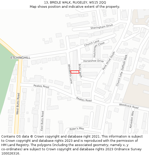 13, BRIDLE WALK, RUGELEY, WS15 2QQ: Location map and indicative extent of plot