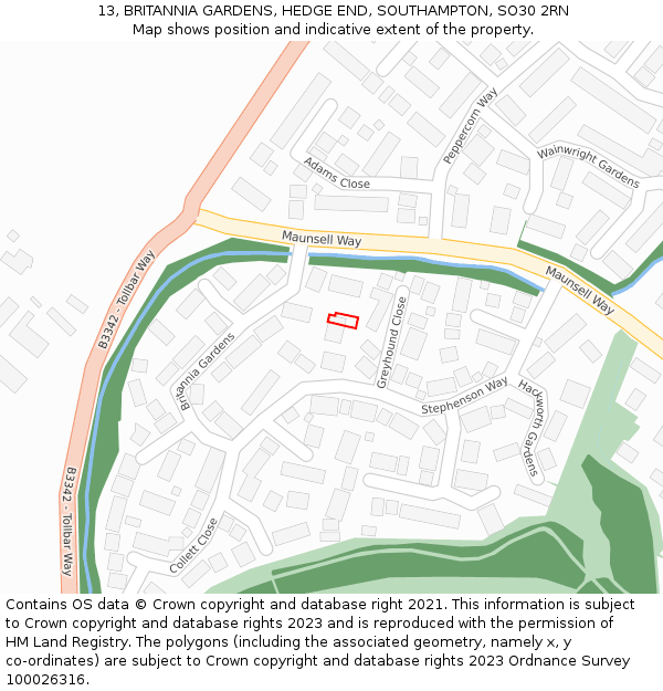 13, BRITANNIA GARDENS, HEDGE END, SOUTHAMPTON, SO30 2RN: Location map and indicative extent of plot
