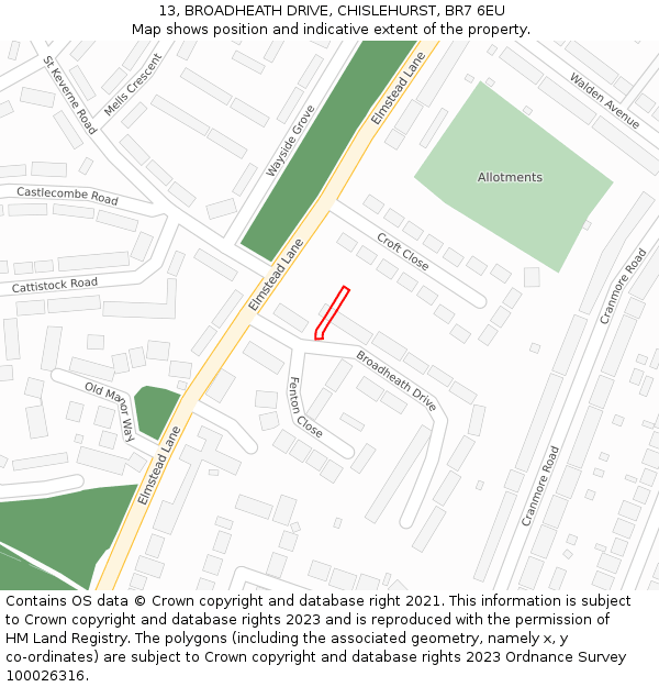 13, BROADHEATH DRIVE, CHISLEHURST, BR7 6EU: Location map and indicative extent of plot