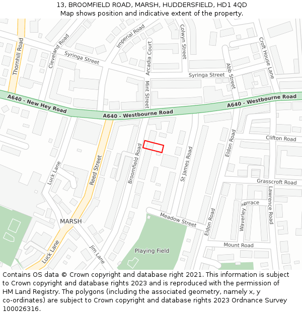 13, BROOMFIELD ROAD, MARSH, HUDDERSFIELD, HD1 4QD: Location map and indicative extent of plot
