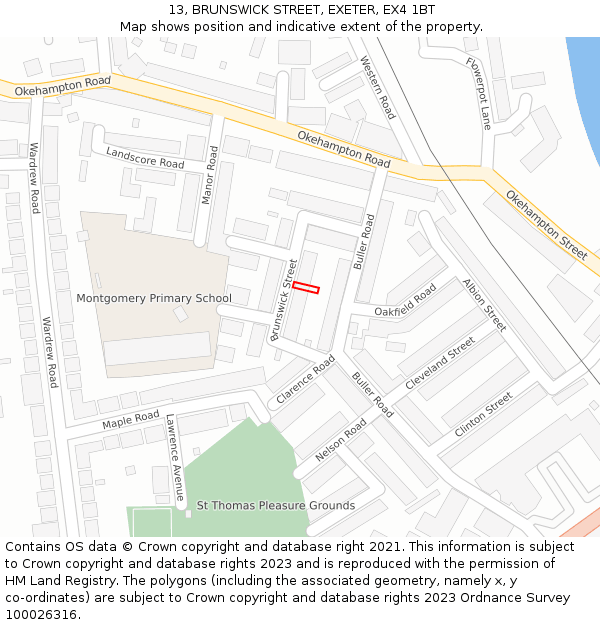 13, BRUNSWICK STREET, EXETER, EX4 1BT: Location map and indicative extent of plot