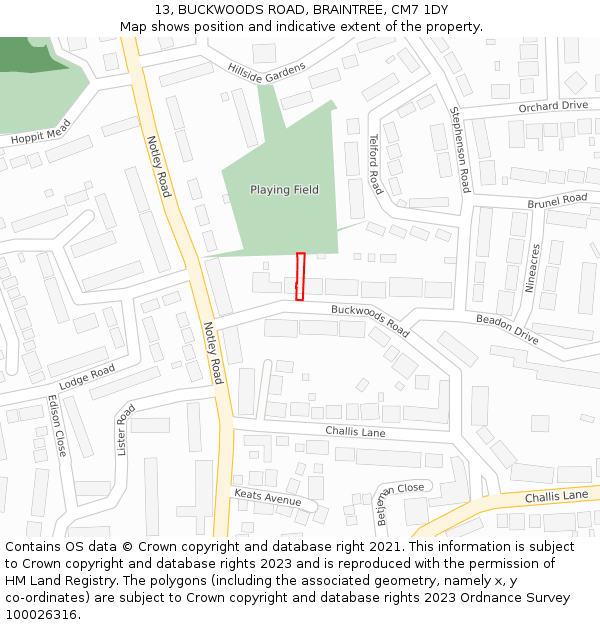 13, BUCKWOODS ROAD, BRAINTREE, CM7 1DY: Location map and indicative extent of plot
