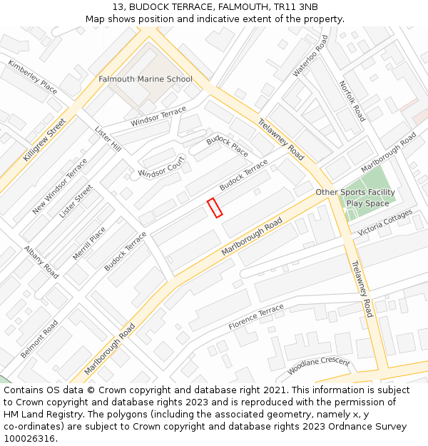 13, BUDOCK TERRACE, FALMOUTH, TR11 3NB: Location map and indicative extent of plot