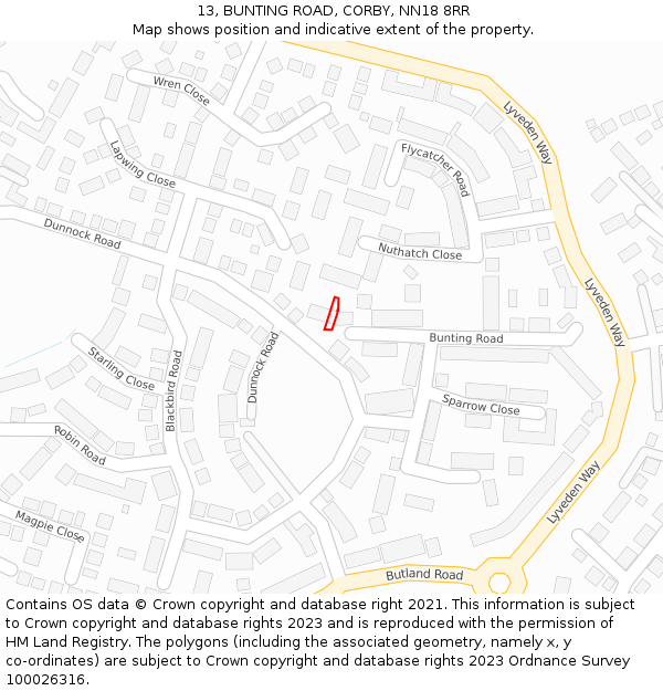 13, BUNTING ROAD, CORBY, NN18 8RR: Location map and indicative extent of plot