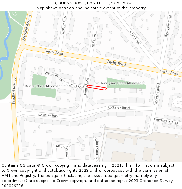 13, BURNS ROAD, EASTLEIGH, SO50 5DW: Location map and indicative extent of plot