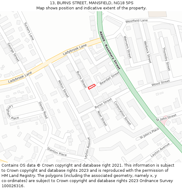 13, BURNS STREET, MANSFIELD, NG18 5PS: Location map and indicative extent of plot