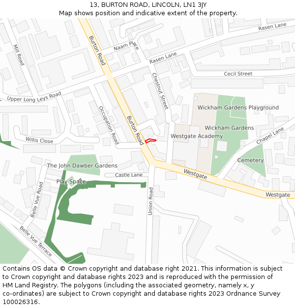 13, BURTON ROAD, LINCOLN, LN1 3JY: Location map and indicative extent of plot
