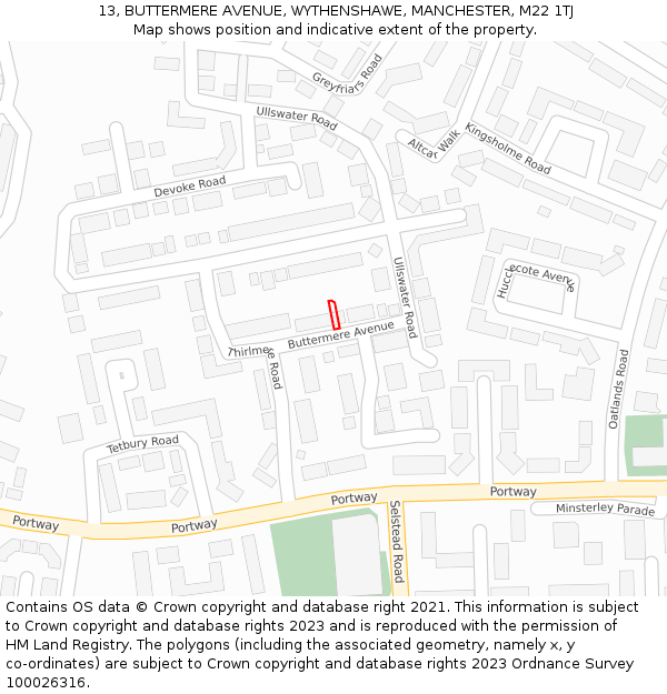 13, BUTTERMERE AVENUE, WYTHENSHAWE, MANCHESTER, M22 1TJ: Location map and indicative extent of plot