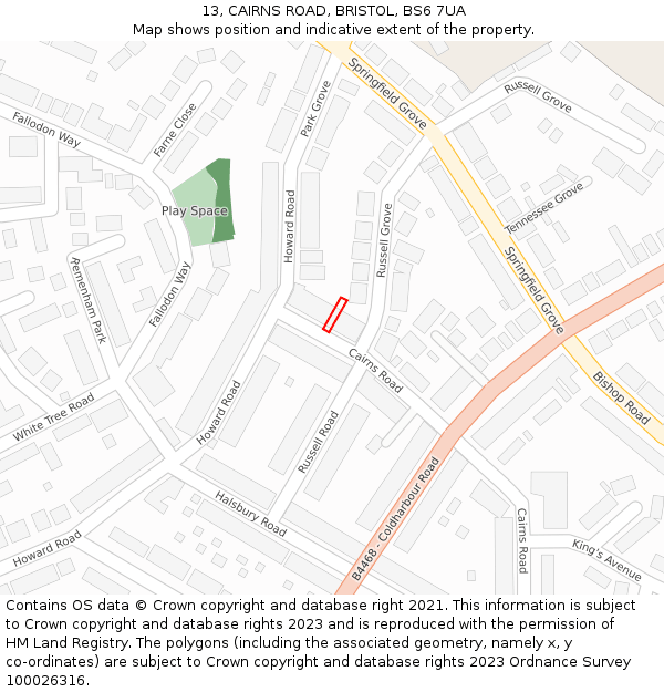 13, CAIRNS ROAD, BRISTOL, BS6 7UA: Location map and indicative extent of plot
