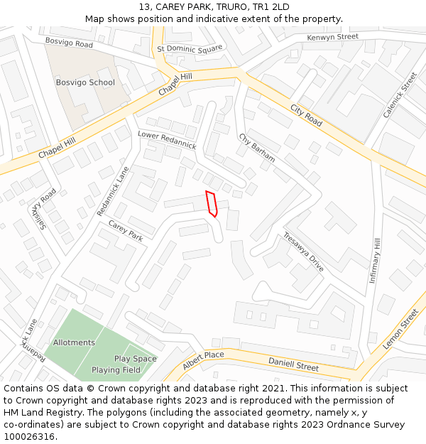 13, CAREY PARK, TRURO, TR1 2LD: Location map and indicative extent of plot