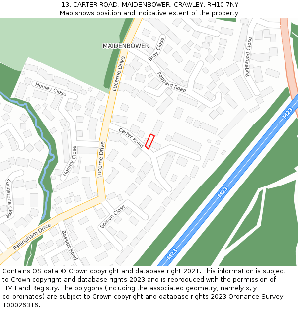 13, CARTER ROAD, MAIDENBOWER, CRAWLEY, RH10 7NY: Location map and indicative extent of plot