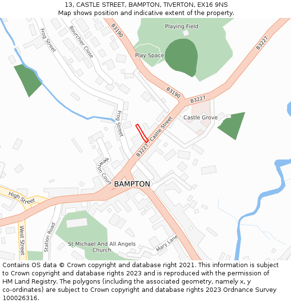 13, CASTLE STREET, BAMPTON, TIVERTON, EX16 9NS: Location map and indicative extent of plot