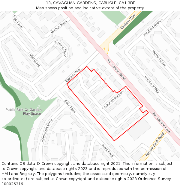13, CAVAGHAN GARDENS, CARLISLE, CA1 3BF: Location map and indicative extent of plot