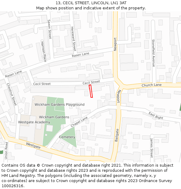 13, CECIL STREET, LINCOLN, LN1 3AT: Location map and indicative extent of plot