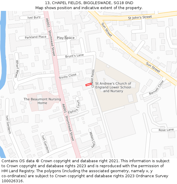 13, CHAPEL FIELDS, BIGGLESWADE, SG18 0ND: Location map and indicative extent of plot