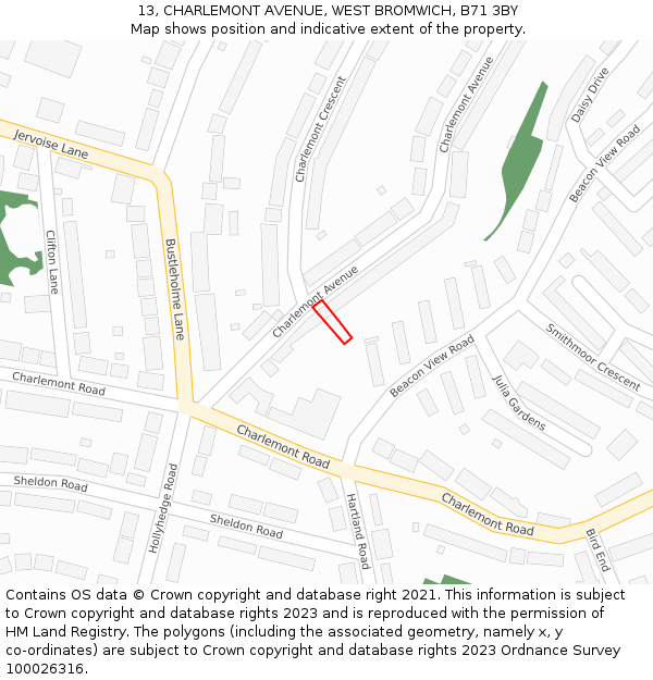 13, CHARLEMONT AVENUE, WEST BROMWICH, B71 3BY: Location map and indicative extent of plot