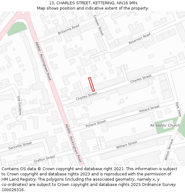 13, CHARLES STREET, KETTERING, NN16 9RN: Location map and indicative extent of plot