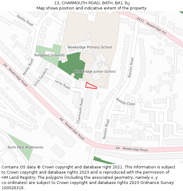 13, CHARMOUTH ROAD, BATH, BA1 3LJ: Location map and indicative extent of plot