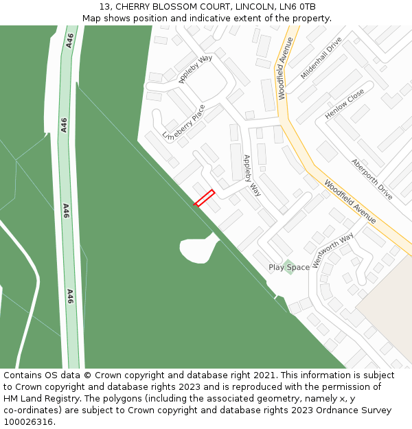 13, CHERRY BLOSSOM COURT, LINCOLN, LN6 0TB: Location map and indicative extent of plot