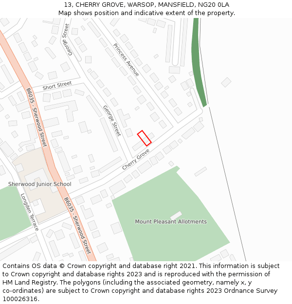 13, CHERRY GROVE, WARSOP, MANSFIELD, NG20 0LA: Location map and indicative extent of plot