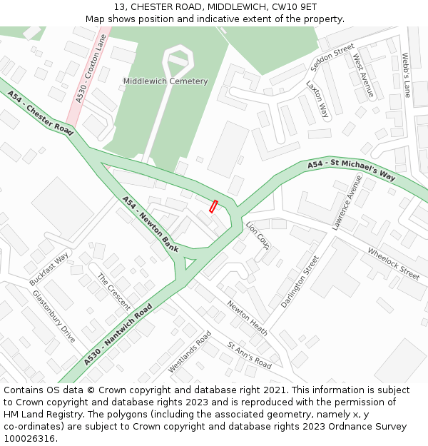 13, CHESTER ROAD, MIDDLEWICH, CW10 9ET: Location map and indicative extent of plot