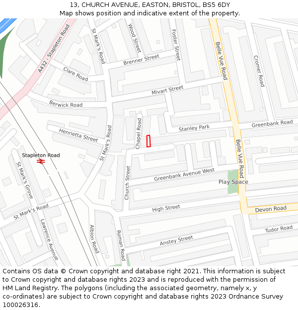 13, CHURCH AVENUE, EASTON, BRISTOL, BS5 6DY: Location map and indicative extent of plot