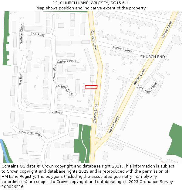 13, CHURCH LANE, ARLESEY, SG15 6UL: Location map and indicative extent of plot