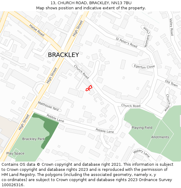 13, CHURCH ROAD, BRACKLEY, NN13 7BU: Location map and indicative extent of plot