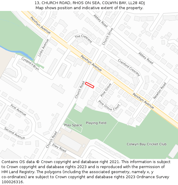 13, CHURCH ROAD, RHOS ON SEA, COLWYN BAY, LL28 4DJ: Location map and indicative extent of plot