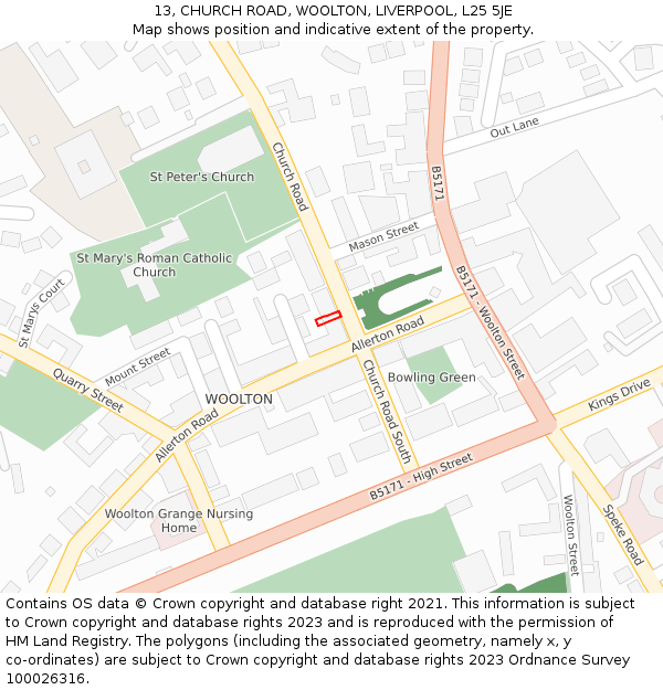 13, CHURCH ROAD, WOOLTON, LIVERPOOL, L25 5JE: Location map and indicative extent of plot