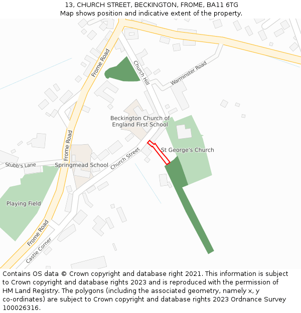 13, CHURCH STREET, BECKINGTON, FROME, BA11 6TG: Location map and indicative extent of plot