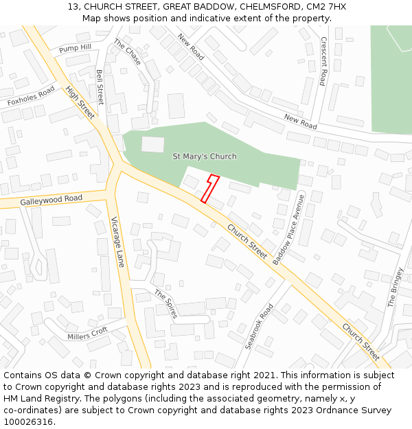 13, CHURCH STREET, GREAT BADDOW, CHELMSFORD, CM2 7HX: Location map and indicative extent of plot