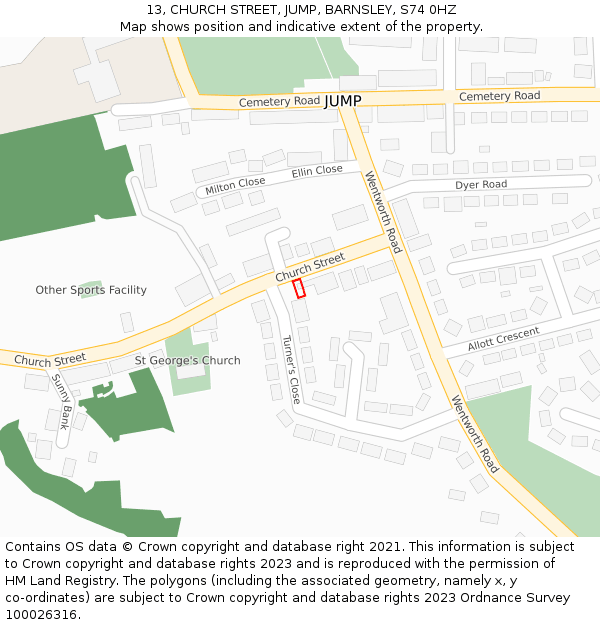 13, CHURCH STREET, JUMP, BARNSLEY, S74 0HZ: Location map and indicative extent of plot